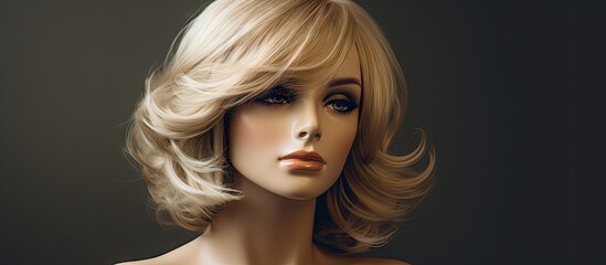 A stunning female mannequin head adorns a blonde wig showcasing its beauty and elegance. Copy space image. Place for adding text and design