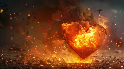 Wall Mural - A heart made of fire is burning on the ground