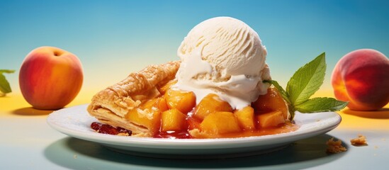 Poster - Color background copy space image with a plate showcasing a delicious piece of peach galette accompanied by a scoop of ice cream