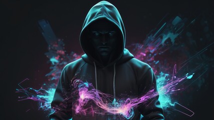 Wall Mural - Generative AI double exposure a lone figure in a hoodie and power boxing, universes collide with neon, cyberpunk, holography, cosmic background. Anonymous man in a black hoodie hacking computer avatar