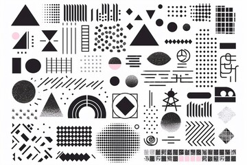 
Set of 100 geometric shapes. Memphis design, retro elements for web, vintage, advertisement, commercial banner, poster, leaflet, billboard, sale. Collection trendy halftone vector geometric shapes