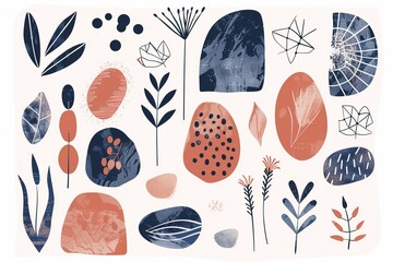 Set of hand drawn shapes in terracotta, navy blue and blush pink colors. Collection of organic shapes, logo, backgrounds,abstract design elements with floral decor.Vector illustration in earthy color