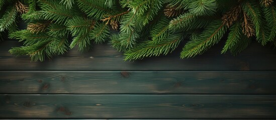 Poster - Close up of green spruce branches on a wooden background with copy space image