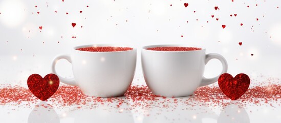 Valentine s Day concept with two white cups of coffee on a white background surrounded by a flat arrangement of red glitter hearts copy space image