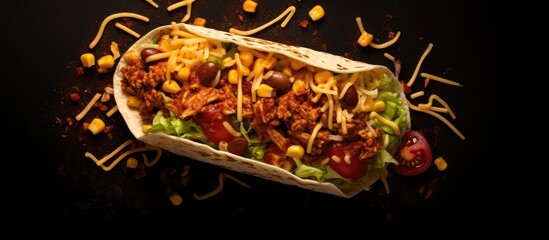 Wall Mural - A top view copy space image of a Mexican taco made with chicken meat corn tomato sauce and wrapped in a tortilla It showcases the flavors of Latin American cuisine