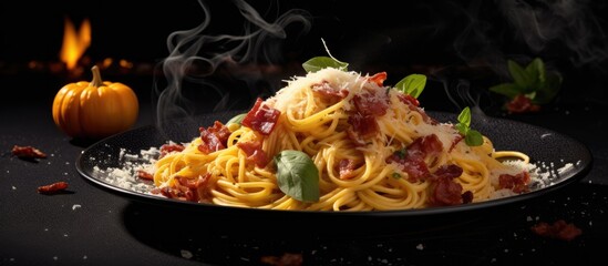 Wall Mural - Autumn themed pasta featuring homemade spaghetti with pumpkin bacon parmesan cheese and basil served on a black surface The image has copy space