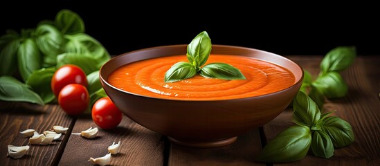 Wall Mural - A wooden background with a bowl of tomato puree soup garnished with cream and fresh basil leaves Ample copy space for text or additional images