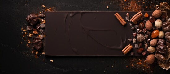 Wall Mural - Top down copy space image of a chocolate frame featuring broken slices and scattered nuts on a black background