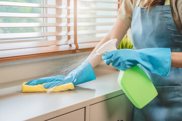 housekeeper doing chores concept, close-up view of housemaid cleaning furniture surface with sanitiz