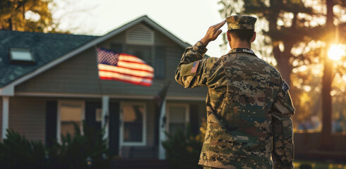 Wall Mural - male in military uniform saluting standing outside of a house with an American flag