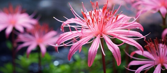 Poster - Gorgeous pink Spider Flower captured in a garden with a stunning nature backdrop allowing ample copy space for creative use