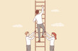 © drawlab19 - Partners support business man climbing career ladder and striving to achieve success and gain opportunities. Teamwork of ambitious people achieving progress in professional growth along career ladder