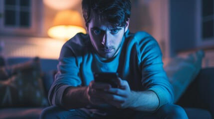 a man is sitting on a couch and looking at his cell phone