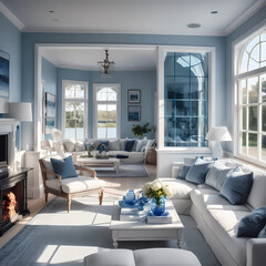 interior architectural hi res editorial award photo living room with a small glass wall victorian coastal villa inspired by the old town in hamptons white and blue toned warm....