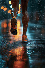 Wall Mural - Close-up of sports shoes on a treadmill in a stadium on evening and rain, symbolizing daily jogging copy space for promotion.