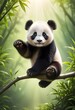 © nobelstation - A panda bear sits on a tree branch and holds his paw up