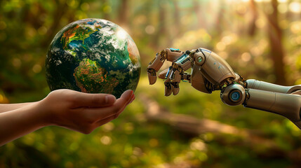 Wall Mural - A visually compelling image showing a human hand and a robotic hand holding a globe together. This represents unity between humanity and technology, set against a natural forest backdrop.