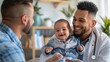 © saichon - Gay fathers with baby at pediatrician, discussing health with doctor, caring environment