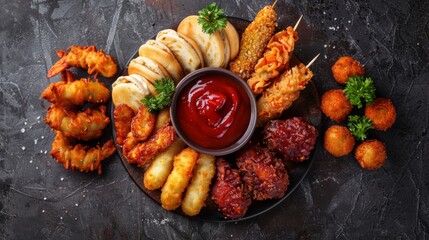 Wall Mural - A platter of various types of fried foods with ketchup on top