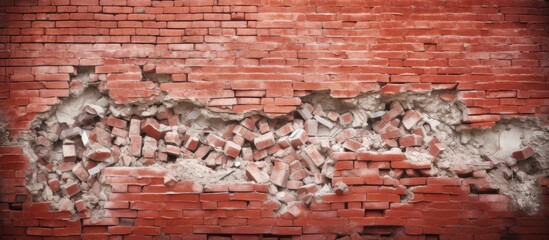 Sticker - Copy space image of a vintage red brick wall that has been destroyed with cracks and a brick background