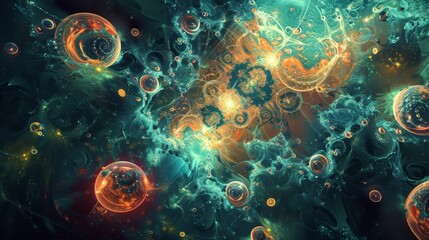 Wall Mural - Techno-organic hybrids emerging from a digital primordial soup symbolizing biology-tech fusion background