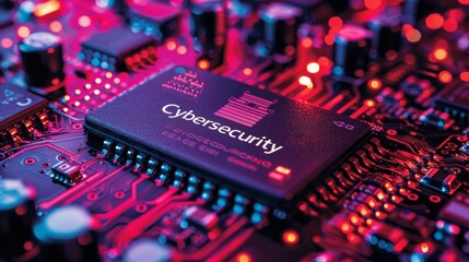 A detailed close-up of a computer chip with the words cyber security inscribed on it. The intricate circuitry and components of the chip are visible, 