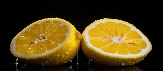 Wall Mural - Harvested yellow lemon fruit on a black background providing copy space for text in this food photo