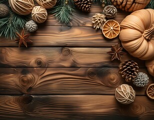 christmas background with pine cones,  wooden background. 