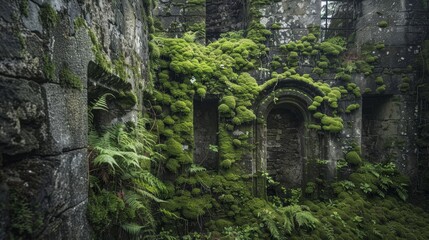 Wall Mural - Vibrant moss on castle walls background