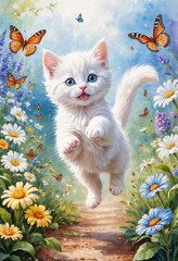 Playful Kitten Frolicking Among Flowers and Butterflies on a Sunny Day