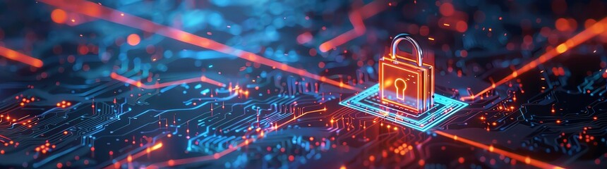 3D rendering of cyber security concept with a digital padlock and circuit board background, with a blue orange color gradient. Digital technology illustration for internet data protection in the style