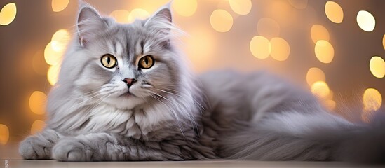 close up portrait of a stunning grey white longhair cat captured at home with the enchanting christm