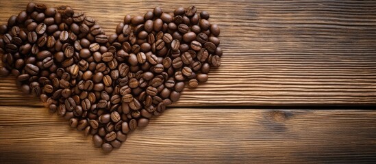 Poster - A heart shaped arrangement of coffee beans on a rustic wooden surface creating a visually pleasing copy space image