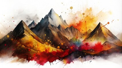 Abstract watercolor mountain landscape in black, gold and red colors with splash of paintings