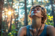 Young Man Meditating in Sunlit Forest