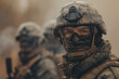 Close up of military infantry face with weapons looking to the camera