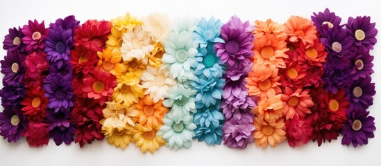 Copy space image of rows of cloth and plastic fake flowers in vibrant colors arranged on a white background from a high angle top view