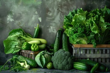 Wall Mural - Vibrant Assortment of Fresh Green Vegetables on Rustic Background
