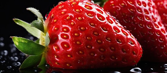 Canvas Print - Copy space image with water droplets on a juicy sweet strawberry set against a fresh berry backdrop Perfect for conveying a vegan concept