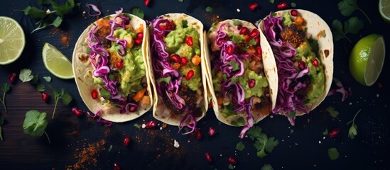 Canvas Print - Gourmet Mexican food a mesmerizing top view of tantalizing tacos topped with creamy guacamole and diced onions captured in a captivating copy space image