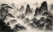 Traditional Japanese ink wash landscape painting with fog over the mountains. Traditional ink painting style gohua, sumi-e, u-sin
