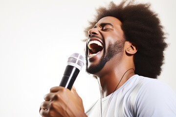 Wall Mural - Portrait of a happy afro-american man in his 40s dancing and singing song in microphone in white background
