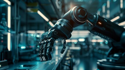 Poster - Close-up of an AI robotic arm ready for work on a production line. Computer manufacturing. A dark black background.