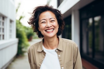 Wall Mural - Portrait of a glad asian woman in her 50s smiling at the camera over white background