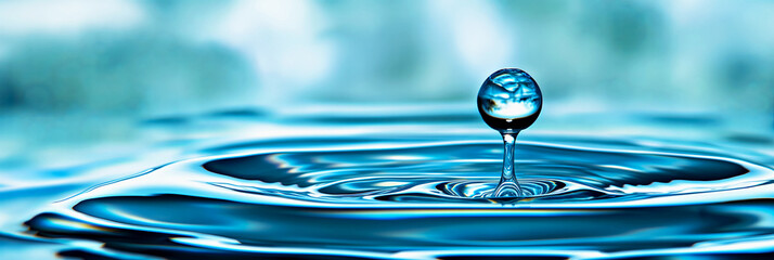 Wall Mural - Lonely drop water droplet, poised in moment of serene perfection against backdrop of blurred blue hues. Droplet's surface reflects mesmerizing miniature world, enhancing flawless form