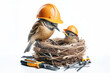 A bird in a construction helmet nest on a white background