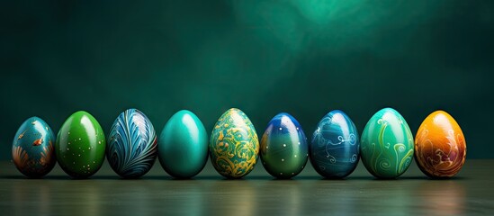 Poster - An image with colorful Easter eggs painted on a green background leaving room for text. Copy space image. Place for adding text and design