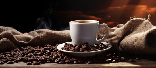 Sticker - An image of a coffee cup resting on a bed of coffee beans with a rustic backdrop including an old background copy space image