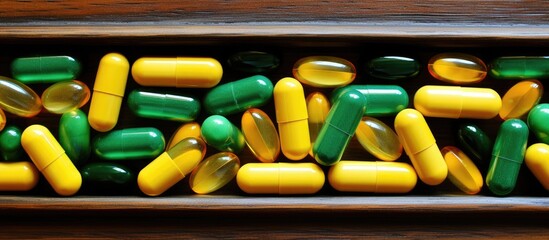 A wooden background with vivid green and yellow medicine pills or capsules arranged providing ample copy space for a prescription drug used as treatment medication The container holds pharmaceutical