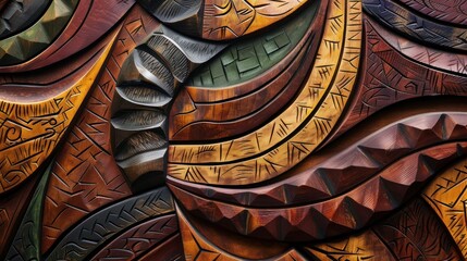 Wall Mural - Abstract carving wooden background with organic whimsical shapes, African folk geometric motifs, natural eco colors and textures, lines, waves, holes on the wood surface, AI generated